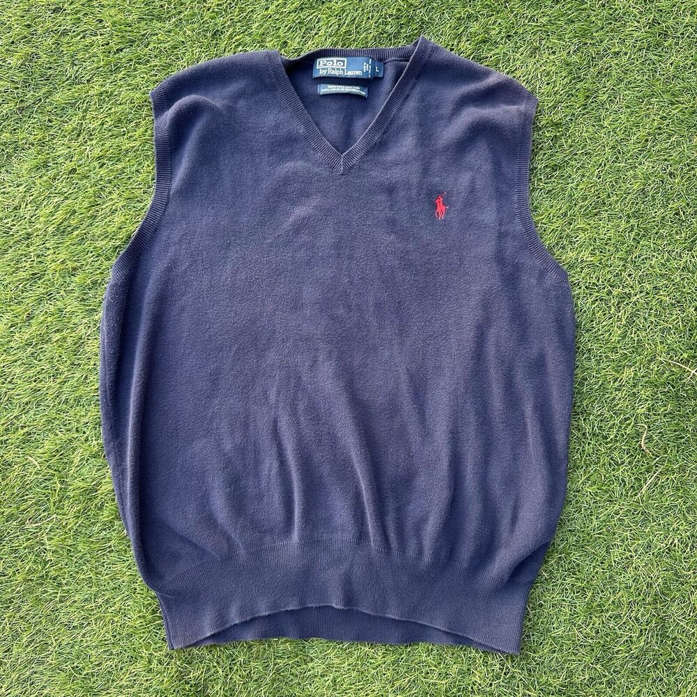 Vtg Polo Ralph Lauren Vest Mens Size Large Pima Cotton V Neck Sweater‎ Navy Blue